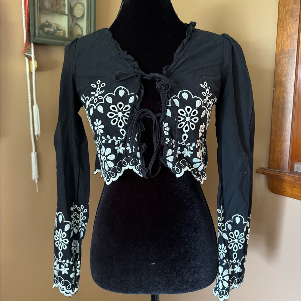 H&M Black Top with White Floral Embroidery